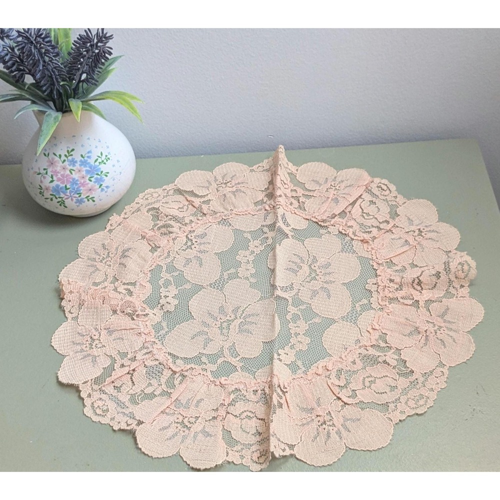 Vintage Pink Floral Lace Doily 12 Inch Cottagecore Table Topper Romantic Decor